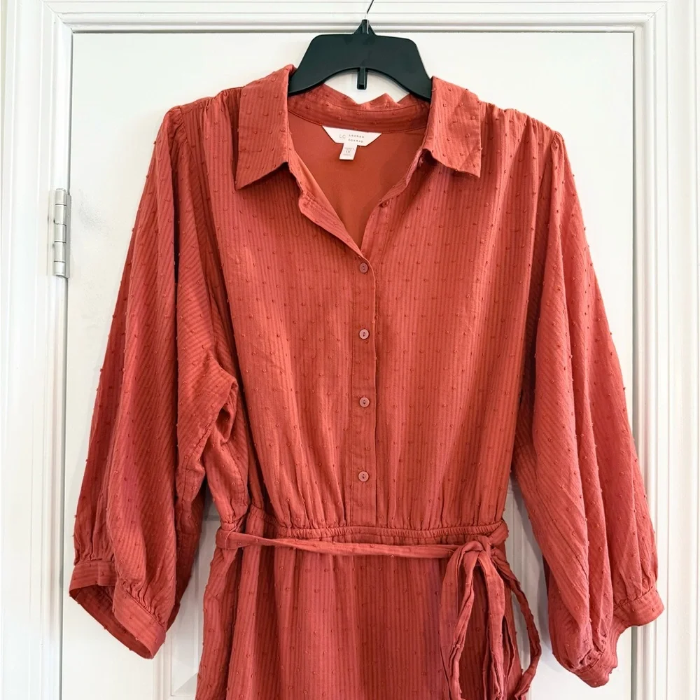 Textured Rust Button Front Belted Shirt Dress Size 1X - Picture 3 of 12
